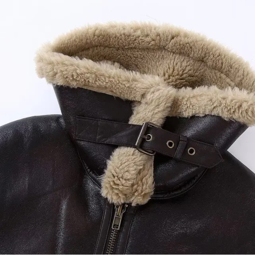 Influencer Famous Aviator Faux Sherling Faux Leather Buckle Moto Coat Jacket - Picture 10 of 14